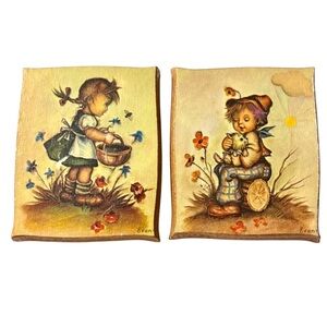 VINTAGE Children's Art Prints with Flowers, Wood Base, reedy to display